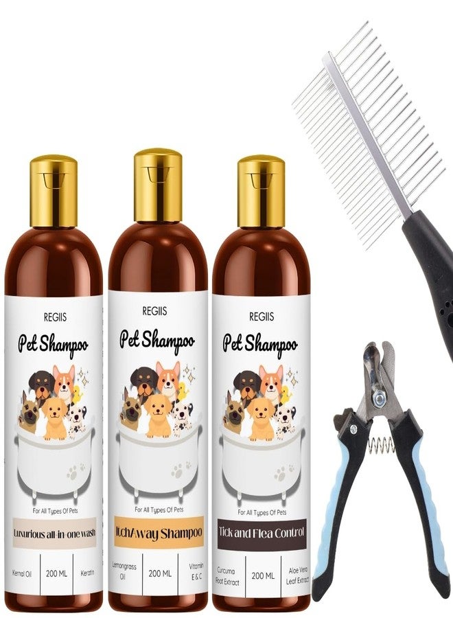 مجموعة شامبو ريجيس للحيوانات الأليفة، عبوة من 3 زجاجات، غسول متكامل للكلاب، مكافحة القراد والبراغيث، سعة 200 مل، بمكونات طبيعية - Image 1